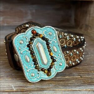 🤎 Leatherock Embroidered Western Leather Belt Large Turquoise Buckle Medium 34